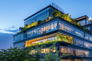 Modern glass office building with rooftop gardens and green terraces at blue hour