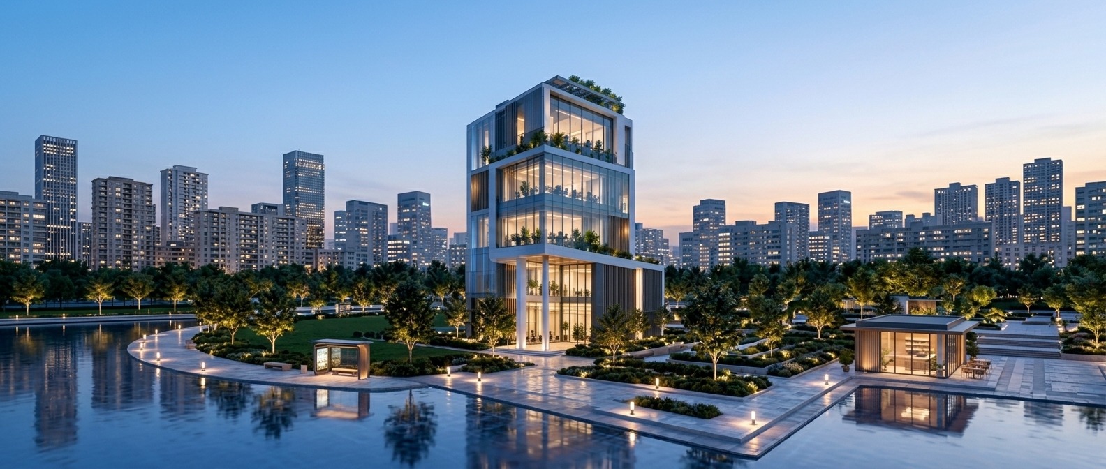 ECO·IN smart building in a city skyline at dusk